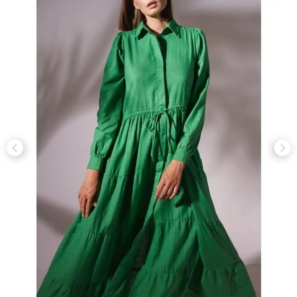 Rue Stiic Green Linen Blend Hidden Button Front Tiered Midi Dress Size Small